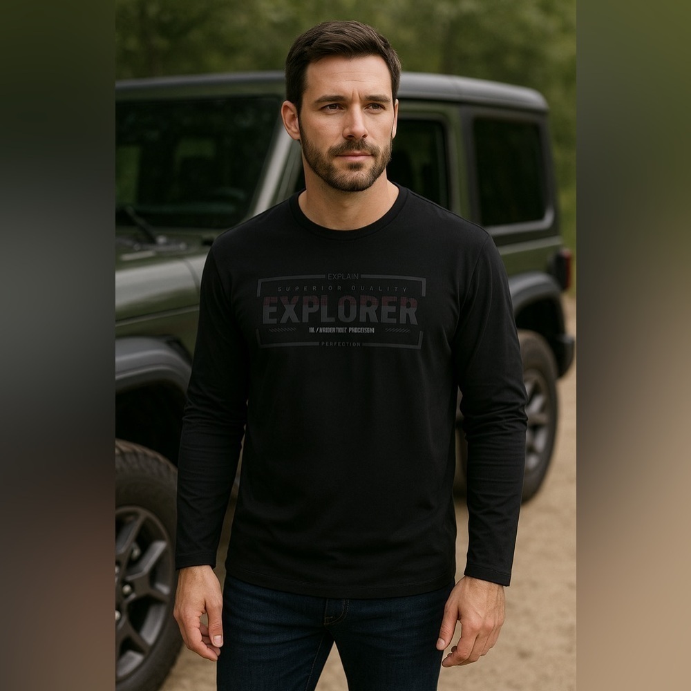 Renaur Mens Black Long Sleeve Explorer Tee Sz 2XL Textured Ribber Graphic Tshirt